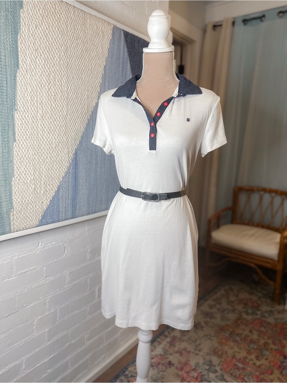 Tommy Hilfiger Polo Shirt Dress with Navy Polka Dot Collar